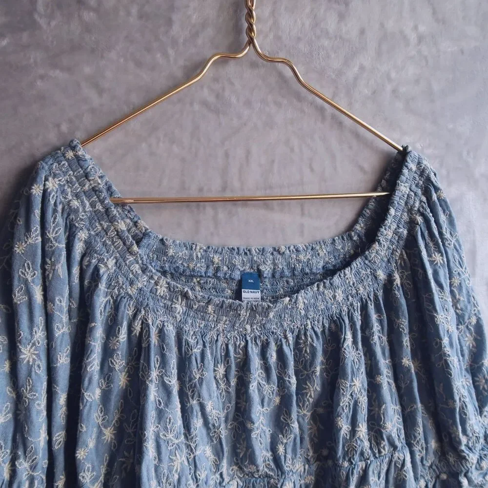 OLD NAVY Blue Floral Puff-Sleeve Babydoll Top Size XXL Embroidered Chambray